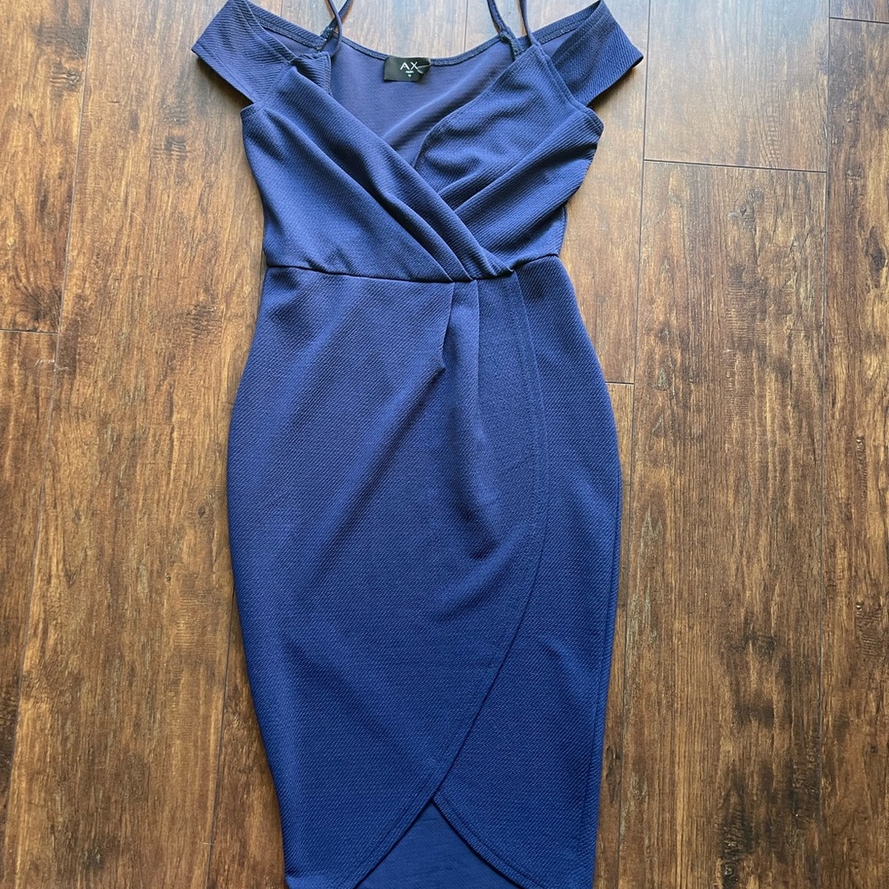 Blue dress with off shoulder detail
